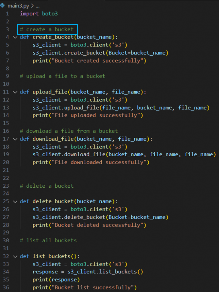 AWS CodeWhispererでAWSにおけるbucketの操作コードを生成した画像